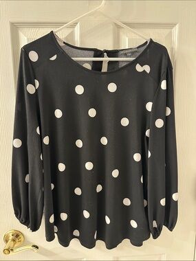 Adrianna Papell Black and White Polka Dot Long Sleeve Blouse
